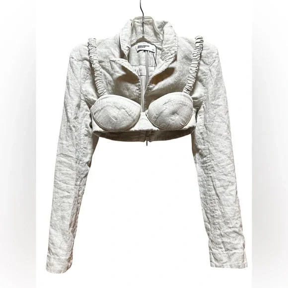 Mistress Rocks Linen Corset Cropped Jacket Bustier Top XS Ivory Structured - Picture 2 of 6